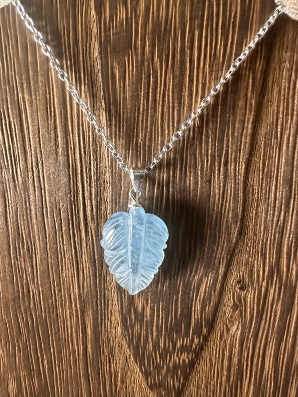 Small Aquamarine Leaf Pendant on Sterling Silver Bail and Silver Plated Chain - Picture 9 of 15